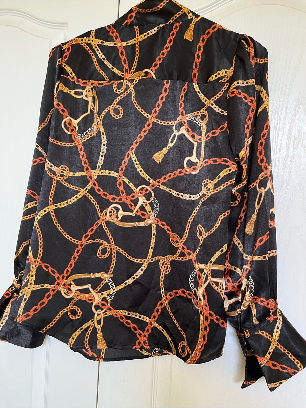 Worthington Black Satin Blouse with Gold & Rust Chain Print - Picture 3 of 4